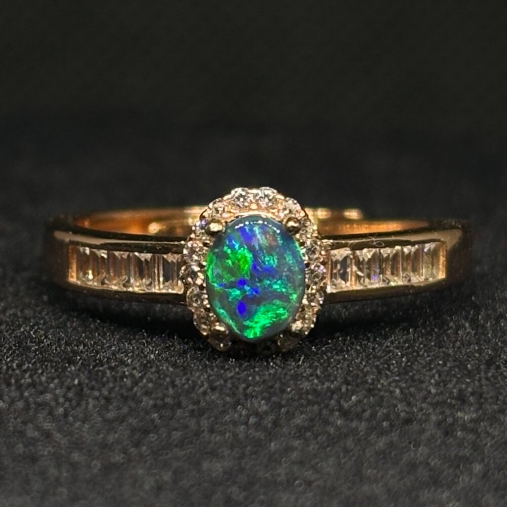 Black Galactic Australian Lightning Ridge Rose Gold Opal Ring